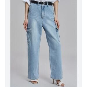 The Frankie Shop Kai High-Rise Wide-Leg Cargo Jeans Light Wash Size Small